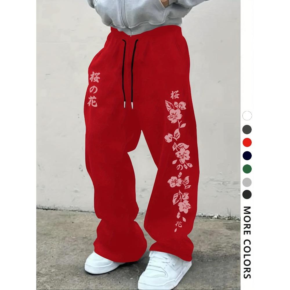 Y2K Trend Forefront Casual Sportbroek voor Heren, Joggingbroek met Print van Kersenbloesempatroon, Losse Wijde Casual Broek met Trekkoord, Heren S