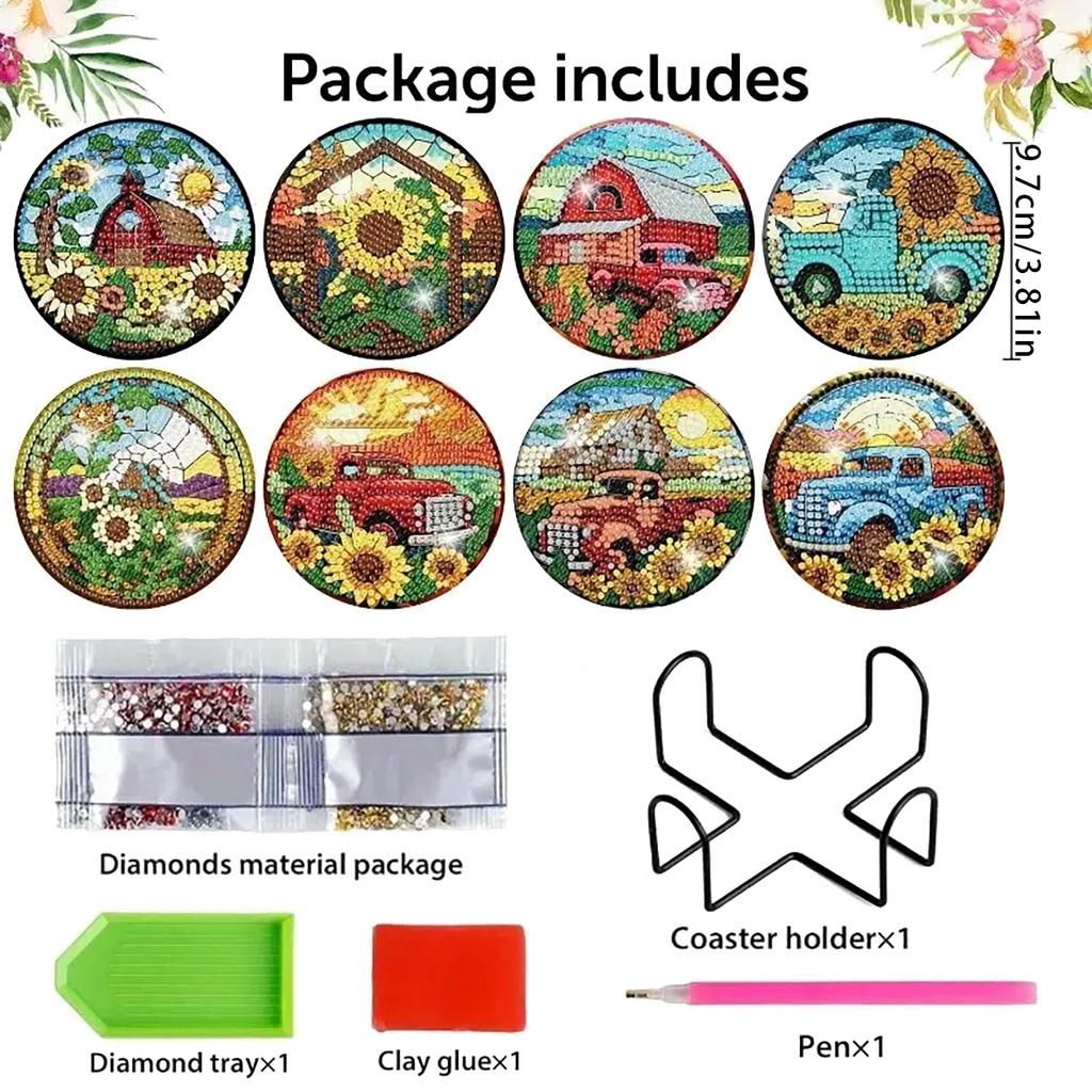 8 Pieces/set of Diamond Painted Car Pattern Coasters, DIY Coasters with Holder, Suitable for Beginners and Adults, Art and Craft Supplies Gifts