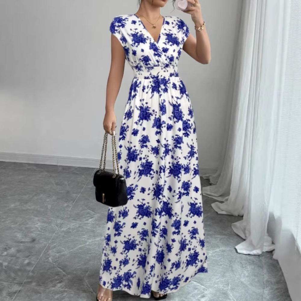 Nuevo Vestido Largo Estampado de Verano con Cuello en V y Manga Corta con Lazo para Mujer Cintura Ajustada