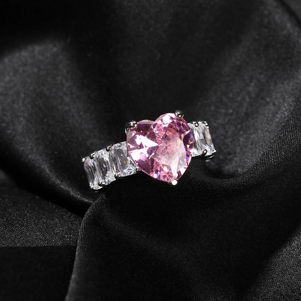 7mm Big Baguette  CZ Stone Pink Heart Ring Iced Out Bling Fashion Ring Hip Hop Jewelry High Quality Engagement Gift  Color