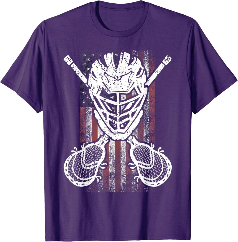 Lacrosse Goalie American Flag Graphic Tee Distressed Design Casual Cotton TShirt