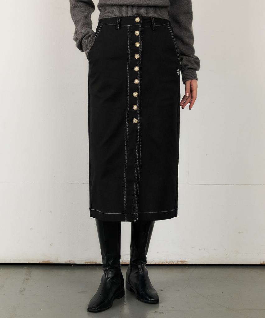 City Breeze Cotton Button-Up Long Skirt_Black