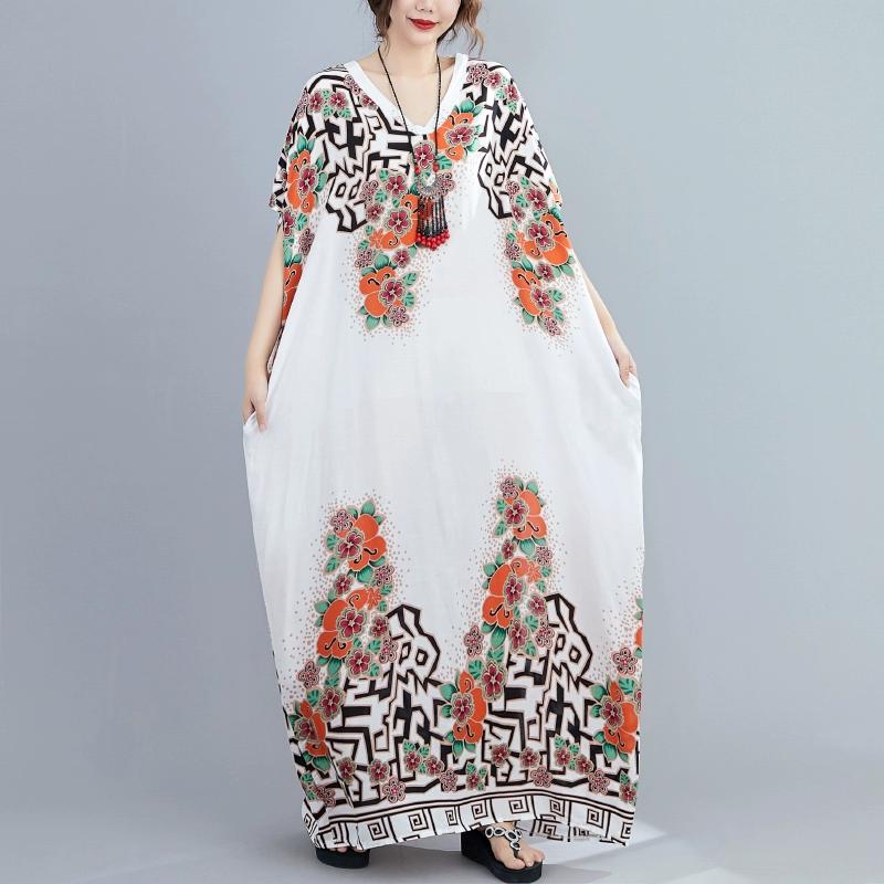 DIMANAF 2024 Plus Size Dress Women Summer V-Neck Sundress Bohemian Floral Print Loose Big Oversize Maxi Dress 214
