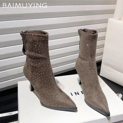 Suede Crystal Women Snkle Boots Pointed Toe High Heels Fashion Sexy Shoes Trend Designer New Pumps Goth Winter Botas Mujer