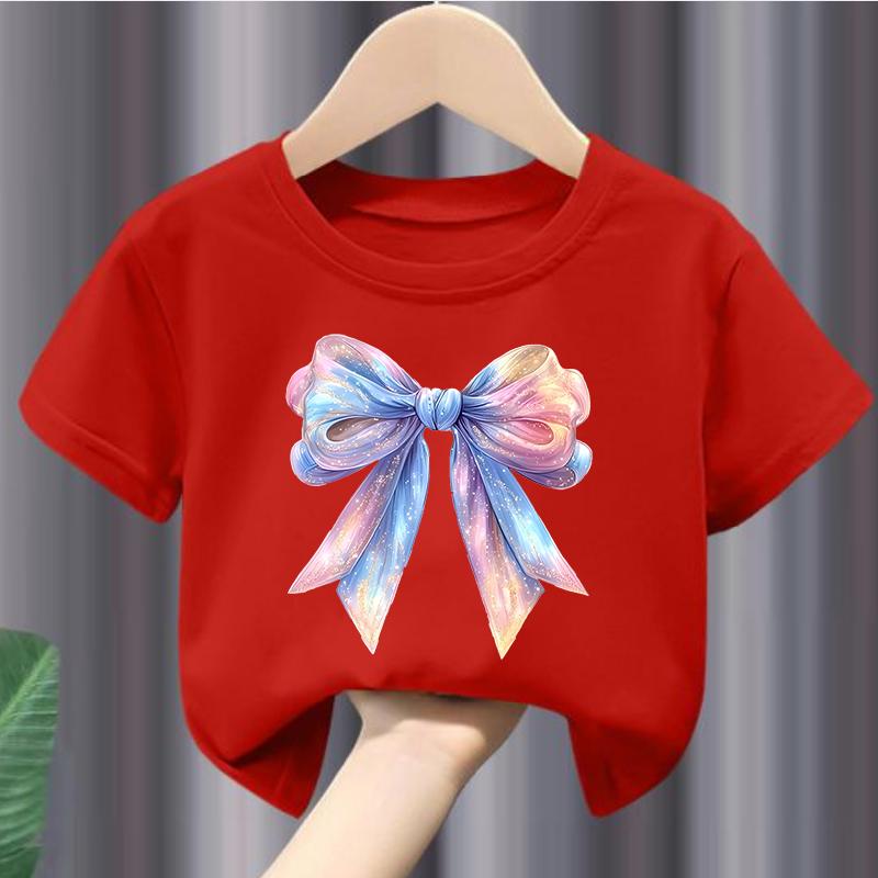 Fashionable round Neck ShortSleeved Girls TShirt Bowknot Print Polyester Fabric Summer HotSelling Bestseller 110