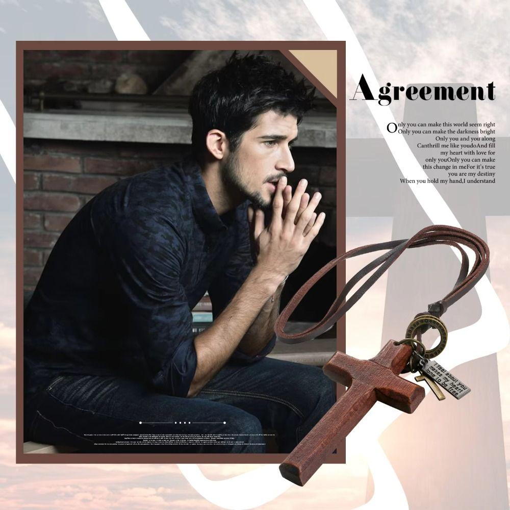 Religious Handmade Cross Necklace Metal Tags Crucifix Pendant Chain Wood Cross Necklace  Church