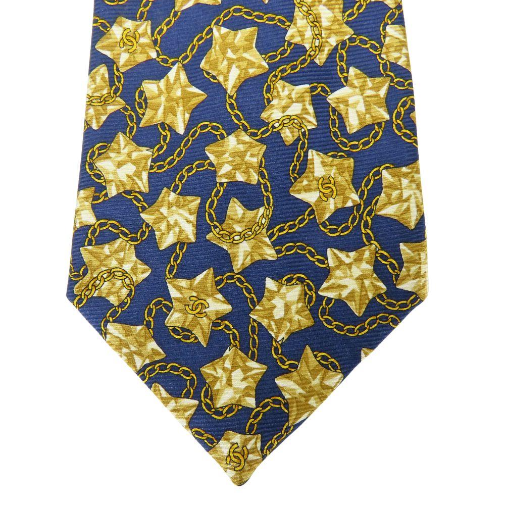 Used CHANEL tie COCO Mark Star Chain silk Navy gold suit