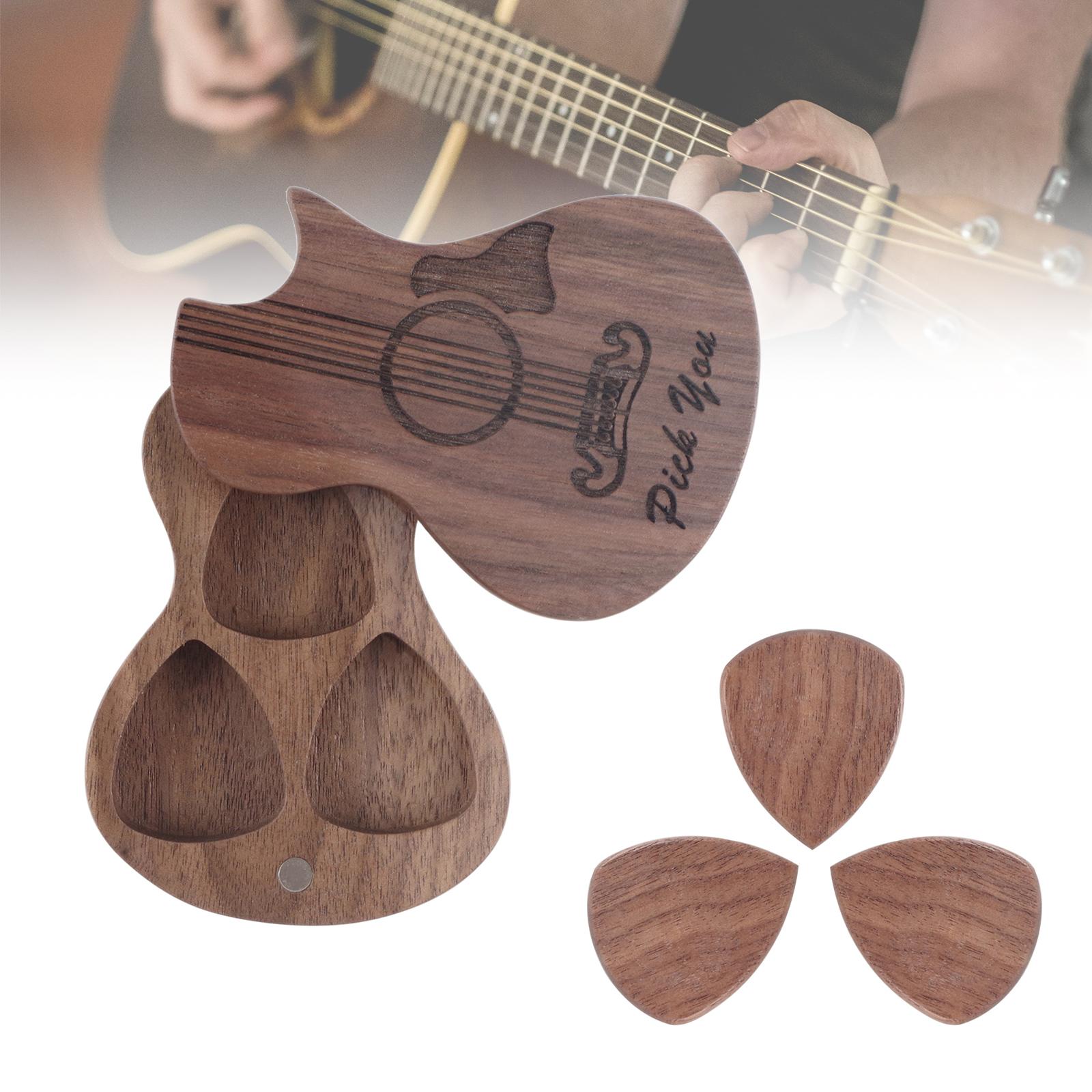 Solid Walnut Wood Guitar Pick Box Stand, Carved Wooden Holder with 3Pcs Walnut Guitar Picks, Creative Premium  Set for Guitar Music Lovers