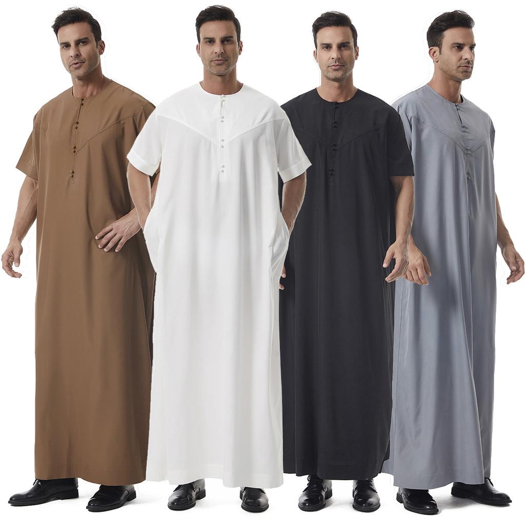 Men's Short Sleeve Muslim Robe Ethnic Style Traditional National Costume Loose Casual Long Gown Daily Wear Arabian Robe