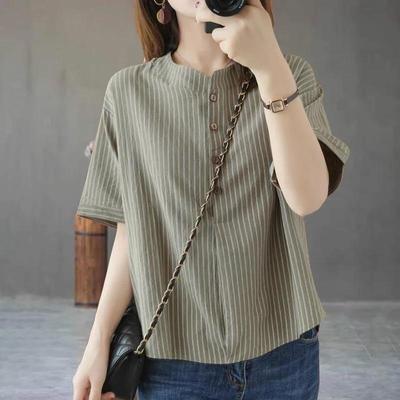 Sommer Damen Baumwolle Kurzarm Shirt mit Retro Locker und Dünn Plus Größe Hemd Bluse für Frauen