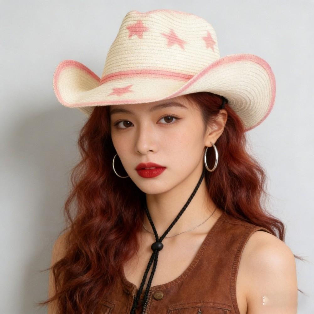 Star Sunscreen Straw Hat Ethnic Style Sun Hat Vintage Western Cowboy Hat  Women Men