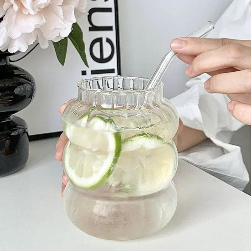 Ins Glass Cup Heat-resistant Tumbler Drinkware Transparent Tea Juice Milk Coffee Mug Home Water Glasses Stripe Mug 410/650/530ml