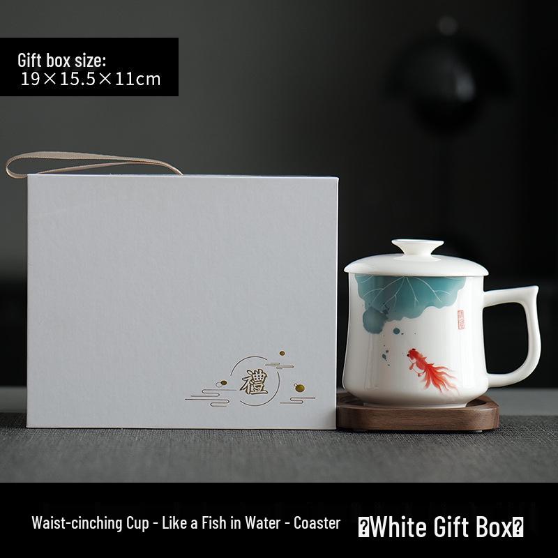 Jade Conference Sheep Fat Porcelain Tea Cup with Lid – White Ceramic Mug for Home and Office, Ideal Gift