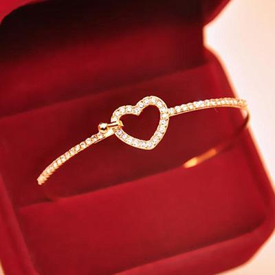 Slim Bangle Love Heart Charm Luxury Golden Crystal Rhinestone Bracelet Slim Bangle for Women