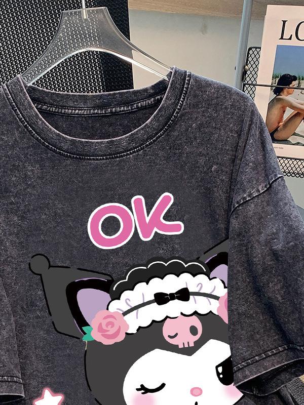Women's Retro Washed Black Cotton T-Shirt - Distressed Letter Print, Short Sleeve, Loose Fit, Casual Summer Top