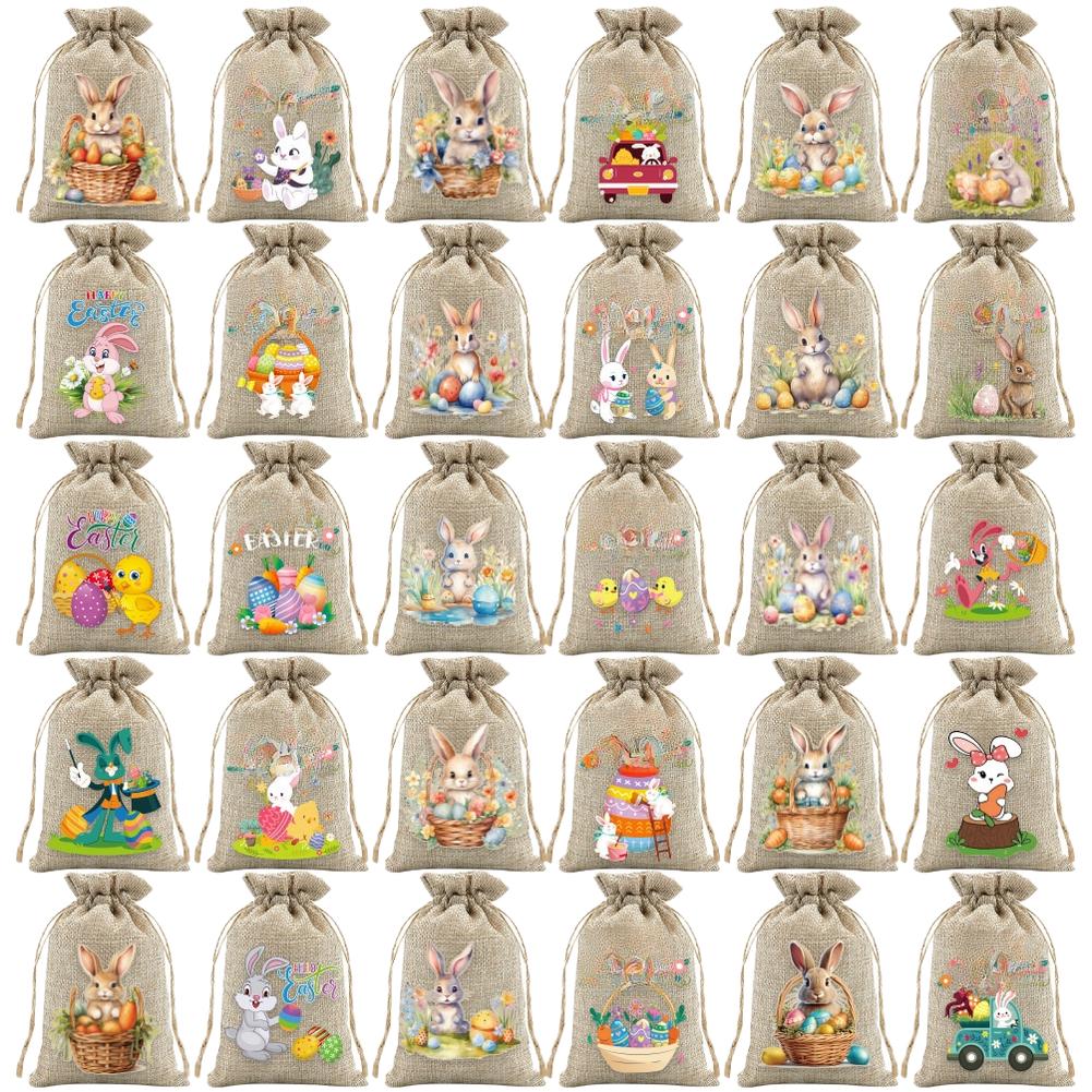 

Egg Hunt Easter Favor Bags Linen Fabric Sturdy Construction Assorted Patterns Two Size Options For Candy Gifts 10x15cm