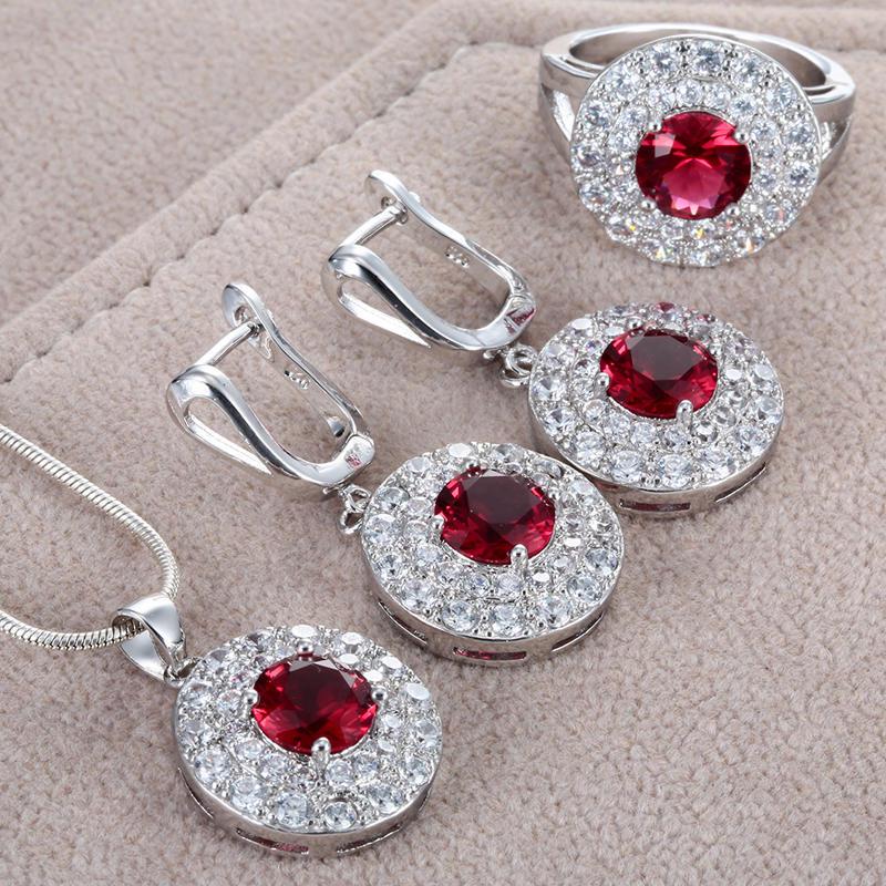 Mode runden roten Kristall Strass Silber Farbe Ehering Ohrring Halskette Set