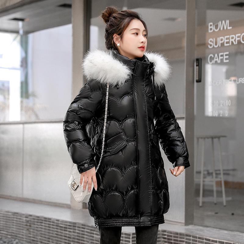 NEW Women's Glossy Down Cotton  Jacket Winter New Fur Collar Hooded Coat Female Warm Parkas Fashion Casual Loose Long Overcoat