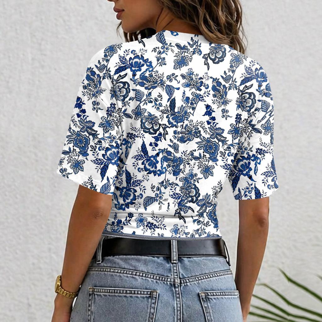 Women Round Neck Pullover Floral Print Short Sleeve T Shirt Loose Fit Casual Top Lightweight Breathable Fabric