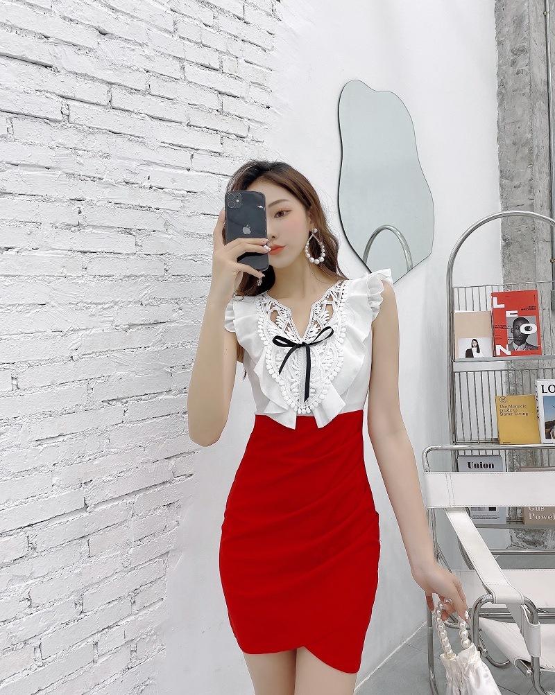 Sexy hip-wrapped dress temperament splicing ruffle edge pleated deep V backless skirt summer new women S красный