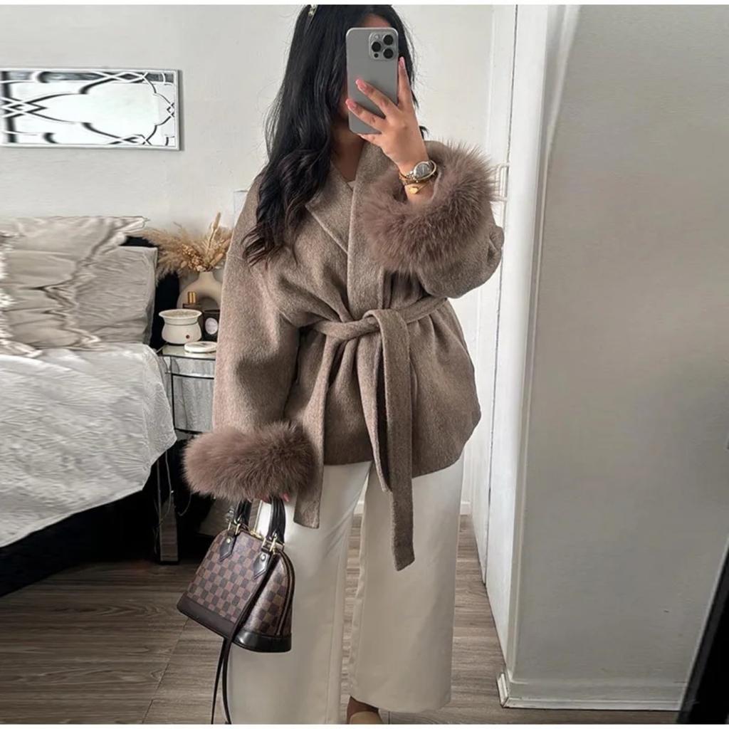 VAYLA Chic Lapel Plush Coat With Belt Women Vintage Solid Faux Fur Sleeve Tweed Open Coats Female Autumn Casual Street Outwear
