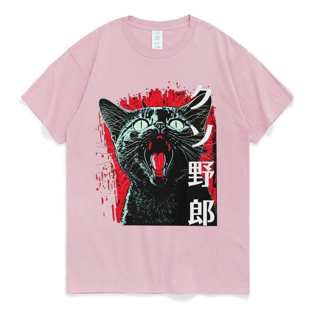 Žhavé vtipné japonské kotěcí tričko Cat Horror pro unisex ženy Letní bavlněné tričko Harajuku Streetwear Trička s krátkým rukávem Topy