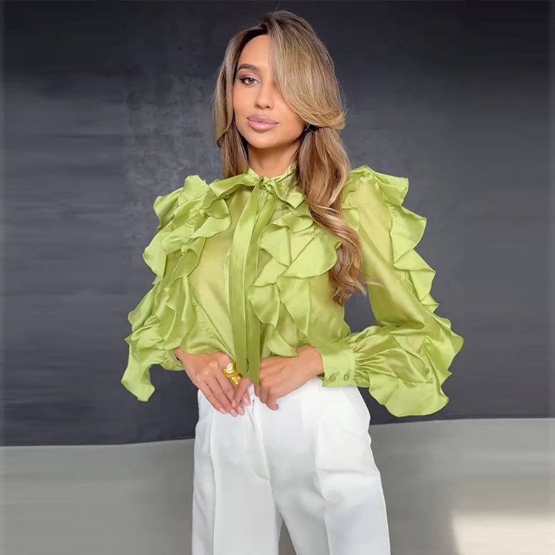 2026 Estate Nuovo Design alla Moda Camicia da Donna Monocolore con Volant