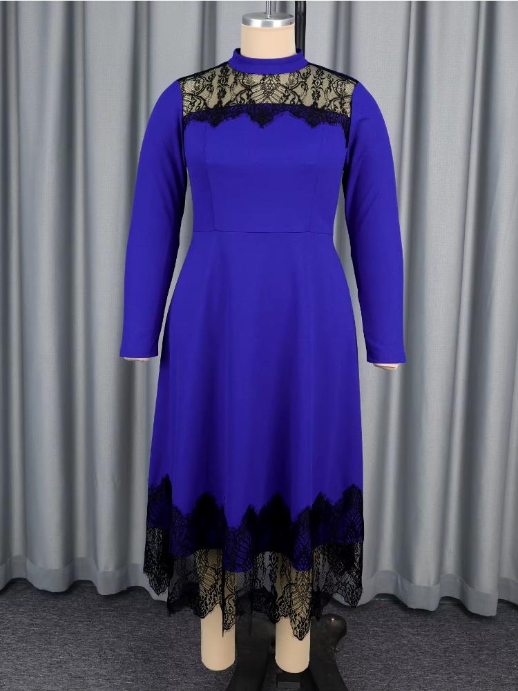 Elegant Women A Line Maxi Church Dress Half High Collar Long Sleeve Patchwork Lace Pleated Classy Office Party Event Outfit 2025