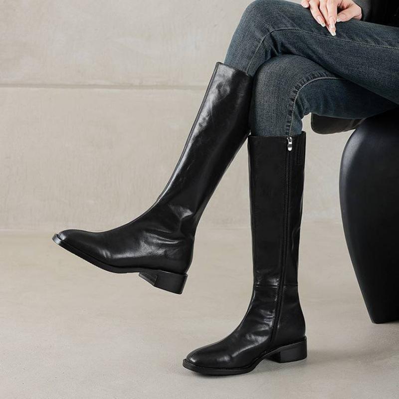 Autumn and Winter Women's Solid Color Leather Fashion Boots Rubber Sole Middle Heel Square Head Large Size Women's Boots New Cowhide High Boots