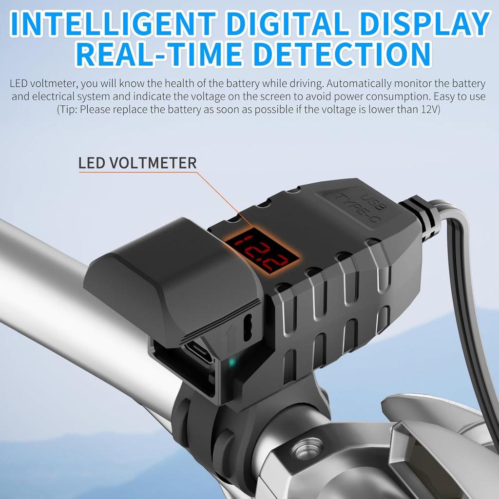 Motorcycle USB Charger, Dual USB Type C 30W PD & QC 3.0 Motorcycle Phone Charger With Voltmeter & ON/Off Switch, Waterproof ATV/Motorcycle/Dirt Bike