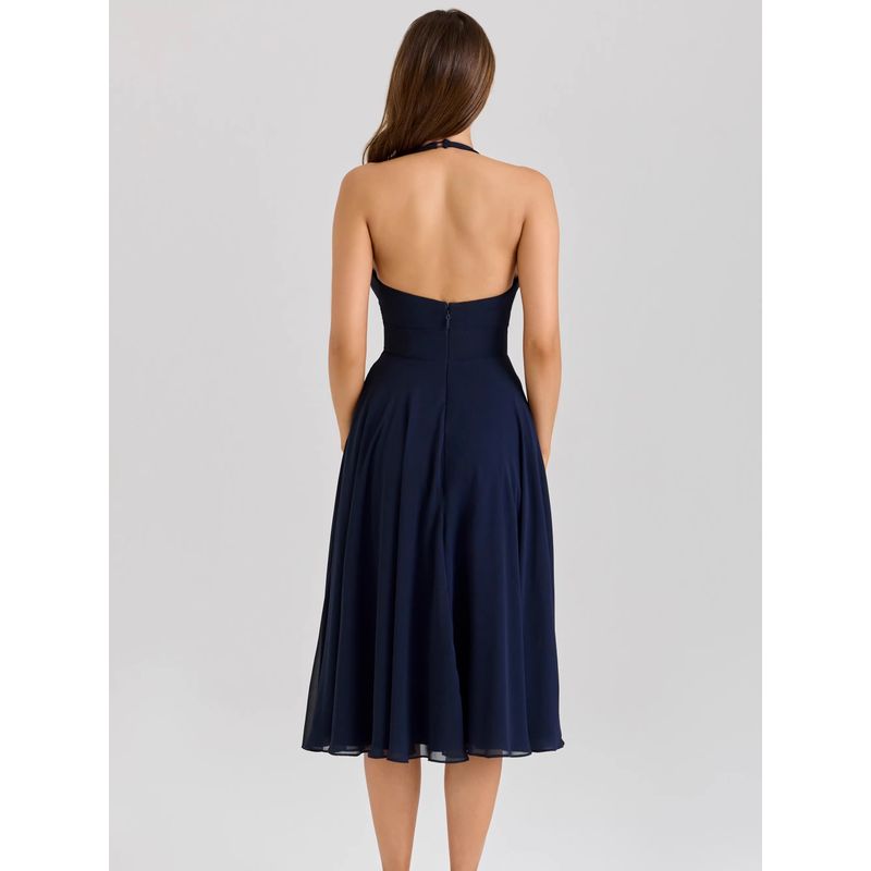 Silk Style House Same Style French Style Elegant Sexy Deep V Backless Hanging Neck Draping Effect Waist Hugging Slimming Dress