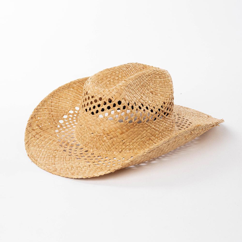 Unisex Summer Sun Hats Natural Straw Hats Hollow Hand-woven Raffia Cowboy Hat Two Sizes Available