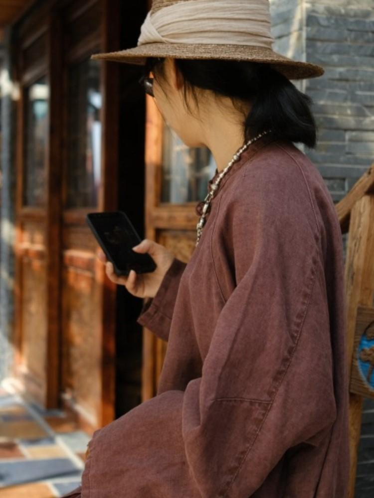 Johnature Women Chinese Style Linen Trench Solid Color Stand Long Sleeve Solid Color Coats Button Belt Women Trench