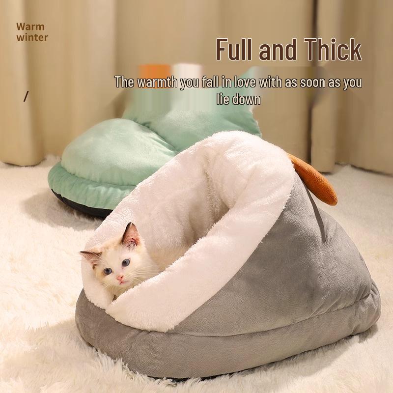 Cozy Winter Slipper-Style Cat & Small Dog Bed - Warm, Thick, Semi-Enclosed Design for Cold-Proof Comfort