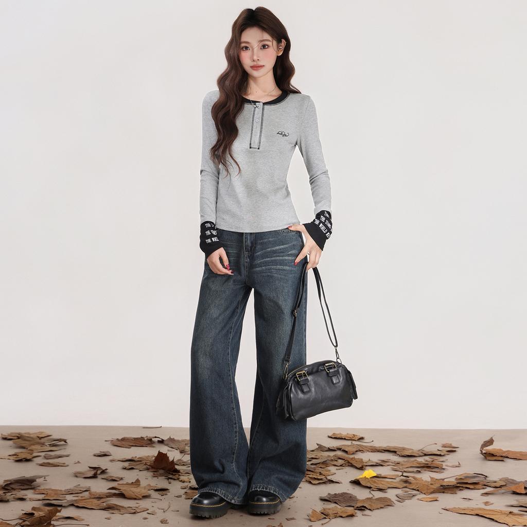 Contrasting Color Splicing Design Sense Letter Embroidery Long-sleeved T-shirt Women's Autumn and Winter New Slim and Thin Bottoming Top
