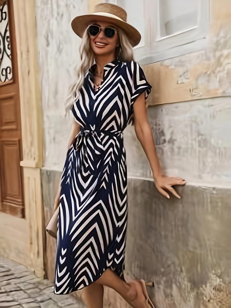 Summer Fashion Clothing Women's Elegant and Casual V-neck Short Sleeved Stripe Belt Comfortable Dress