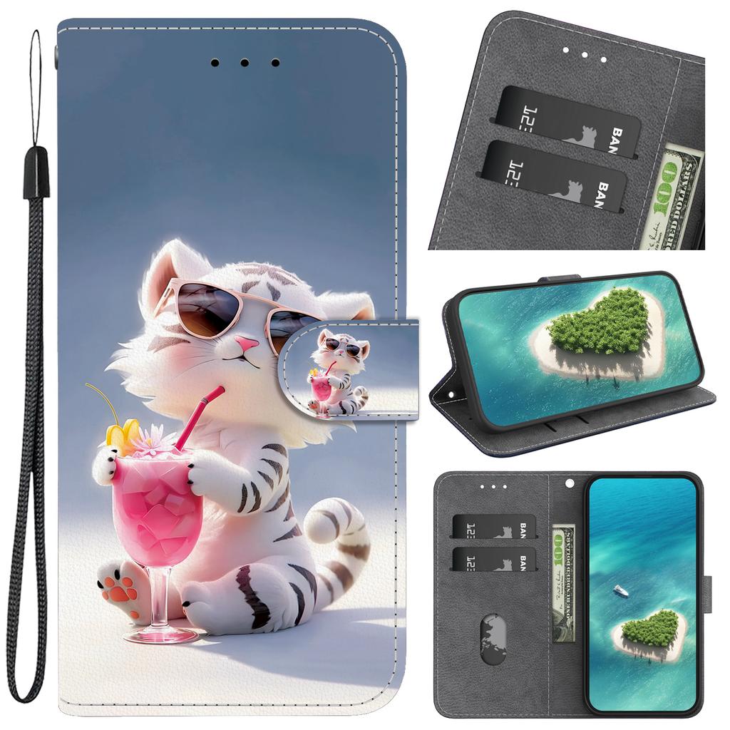 Elegante Custodia a Portafoglio Flip con Motivo Tigre che Sorseggia con Stile in Pelle PU per iPhone Samsung Infinix TECNO OPPO Realme LG...per Oltre 900 Modelli di Telefono