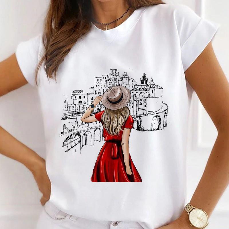 New European and American Fashion City Girl Trend Round Neck Short Sleeve Women's T-shirt Graphic T Shirts Tops