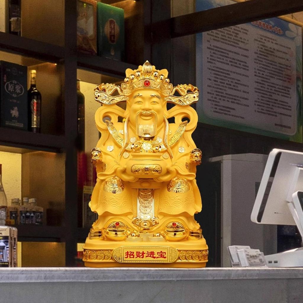 Aris & Juno Chinese Feng Shui Wealth God Decoration Statue Sculpture - Zhao CAI Jin Bao Figurine with Golden Money God and Treasure Bowl for Home