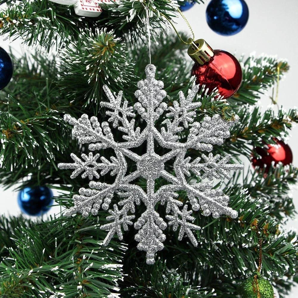 12 Stück 10cm Goldpulver Kunststoff Schneeflocken Partyzubehör Winter Dekor Ornamente Weihnachtsbaumdekorationen für Zuhause Schnee