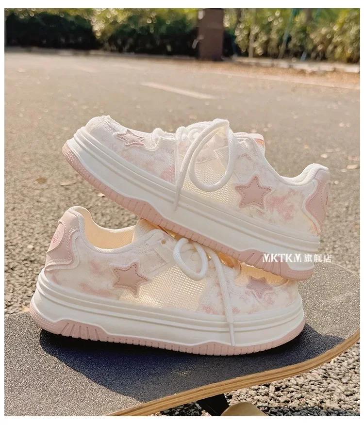 Spring Women Breathable Sneakers Cute Pink Star Shoes Thick Heel Sneakers Shoes Casual Running Platform Lolita Sports Shoes