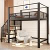 Metall-Hochbett 90×200 cm mit Baldachin, Sicherheitsleiter, Arbeitsfläche unter dem Bett, Stauraumtreppe, Einzel-Hochbett für das Schlafzimmer, Schwarz