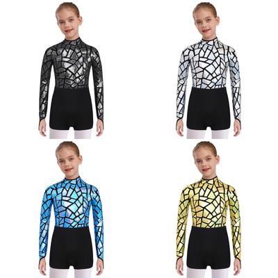 Girls Stage Performance Leotard with Unique Keyhole Back: Shiny Sequin Mock Neck Long Sleeve Jumpsuit for Competition