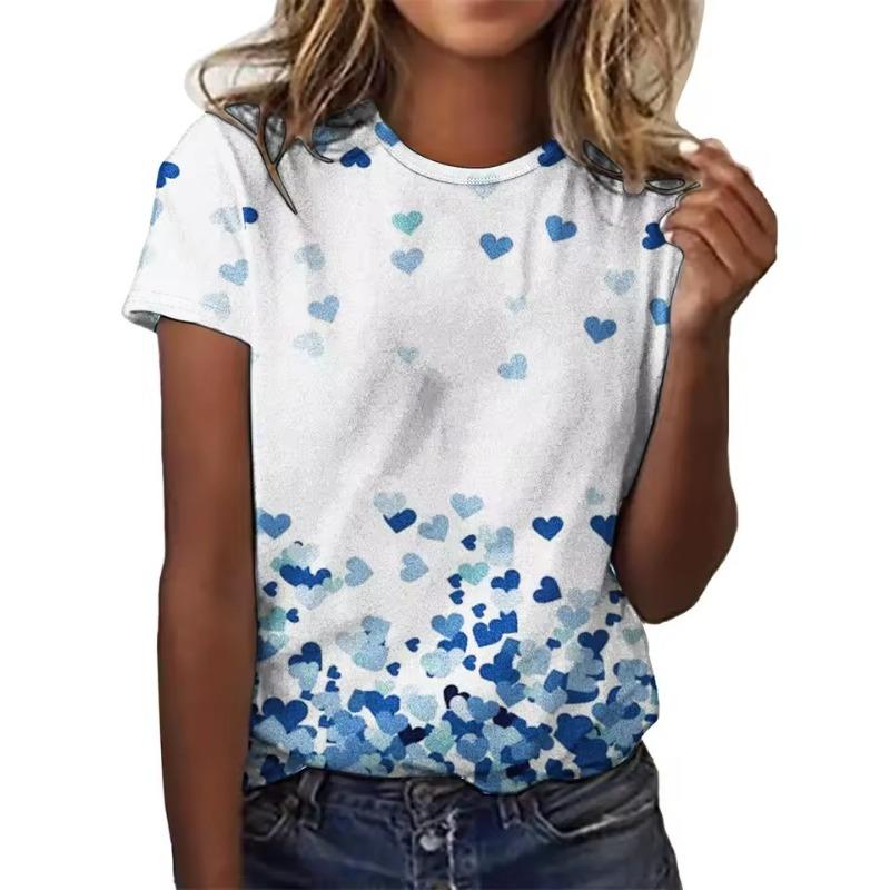 Women's T-shirt 3D Pattern Printed Casual Short Sleeved Love Pattern Printing O-Neck Top Fashionable Street Women's Clothing