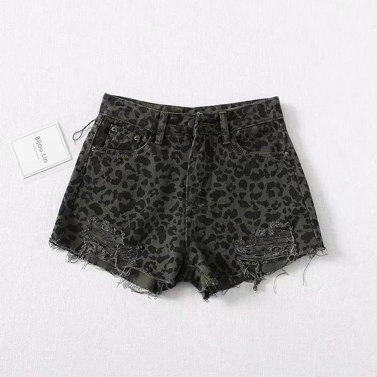 FGHJ Leopard Spodenki Jeansowe Spodnie z szerokimi nogawkami i dziurami