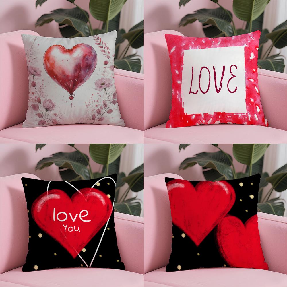 Valentine Red Heart Pillow Case Soft Plush Fabric Double-Sided Printed Cushion Cover Warm Winter Sofa Pillow Case