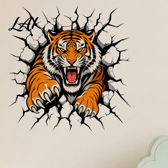 Easy Apply Wall Coverings 3D Tiger Stickers Peel And Stick Roaring Decals Removable PVC Vinyl Stickers Art Mural Decor Realistic Cracked