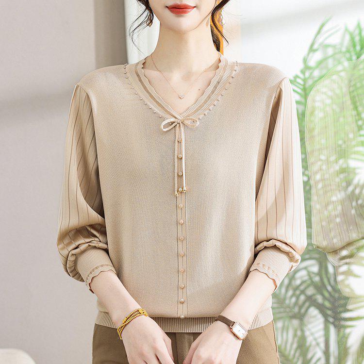 Fashion Casual V-Neck Lace-Up Knitwear Pullover for Women: Long-Sleeved Mother's Day Top