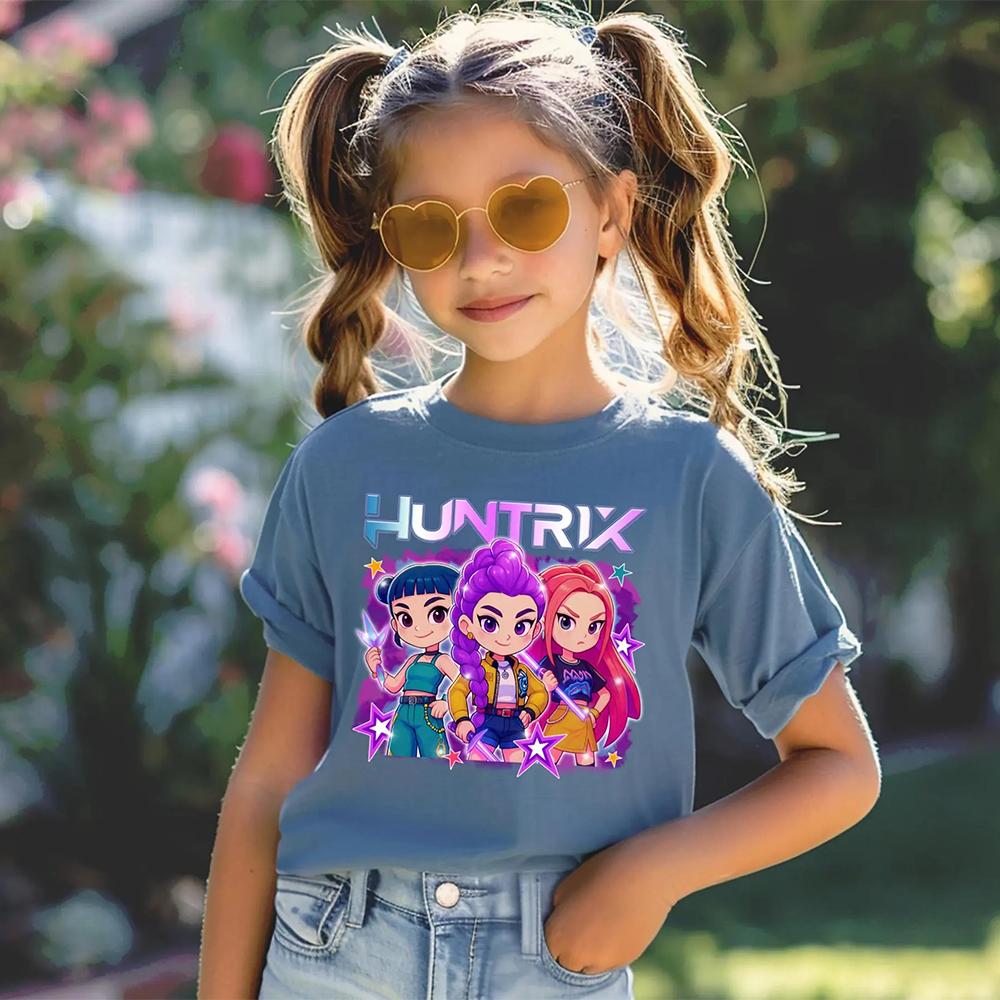 Summer Kids T-shirt Kpop Demon Hunters Pattern Print Short-sleeved Tops Tees Casual Girl T-shirt Kids Streetwear
