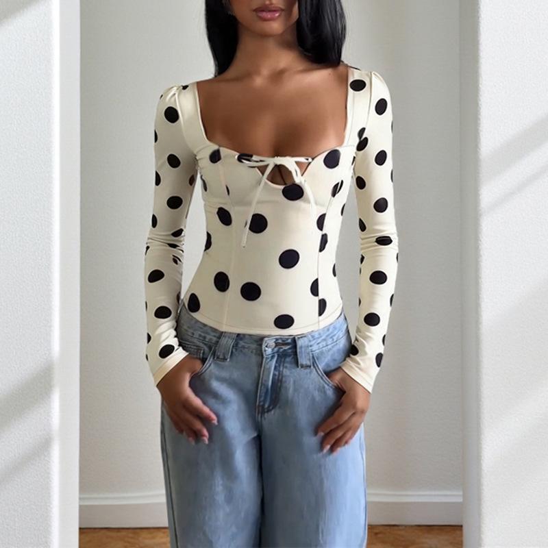 2025 Winter Fashionable Polka Dot Lace-up Slim Long-sleeved Women's T-shirt